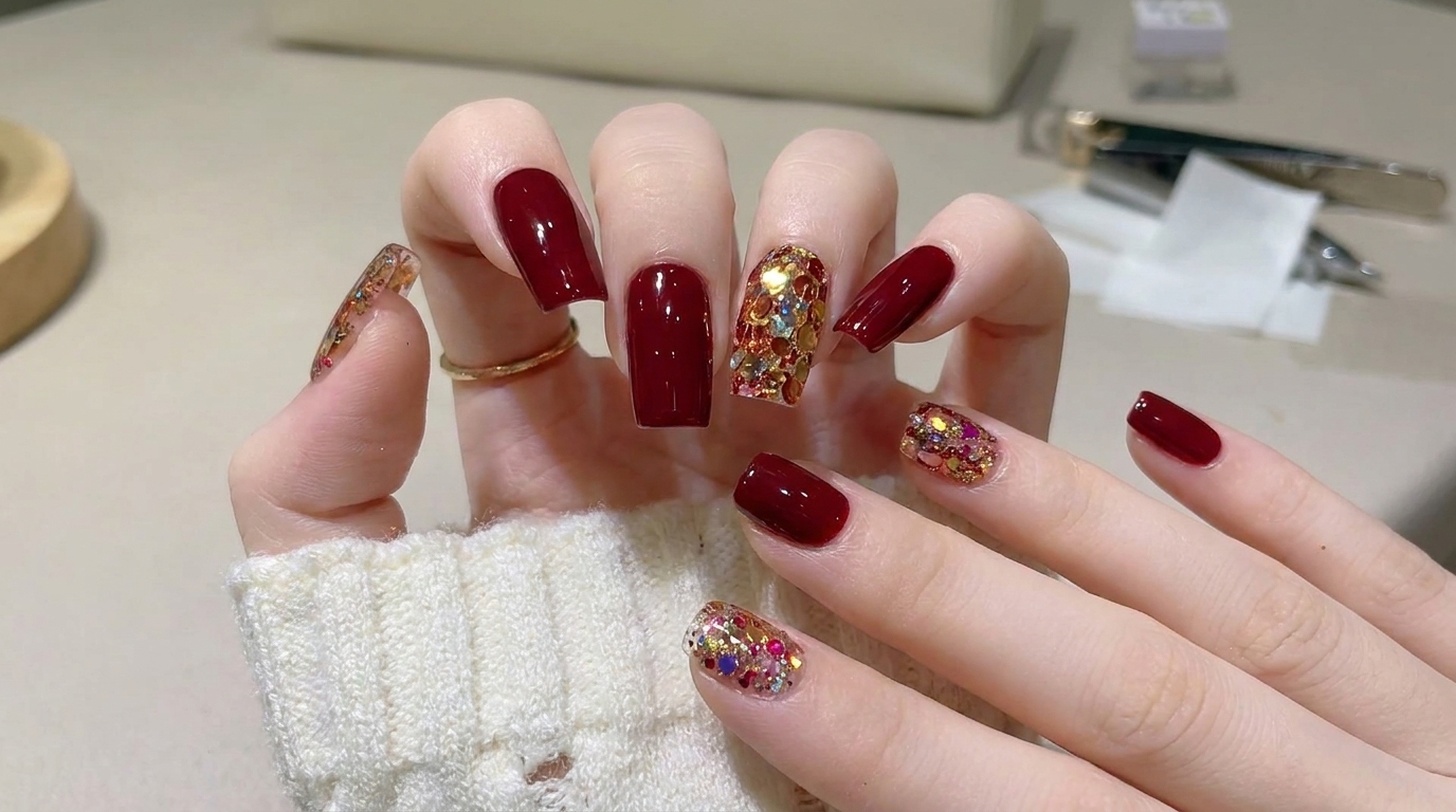 Manucure Gel Rouge Vin Profond avec Accent Pailleté Or — Tutoriel Étape par Étape