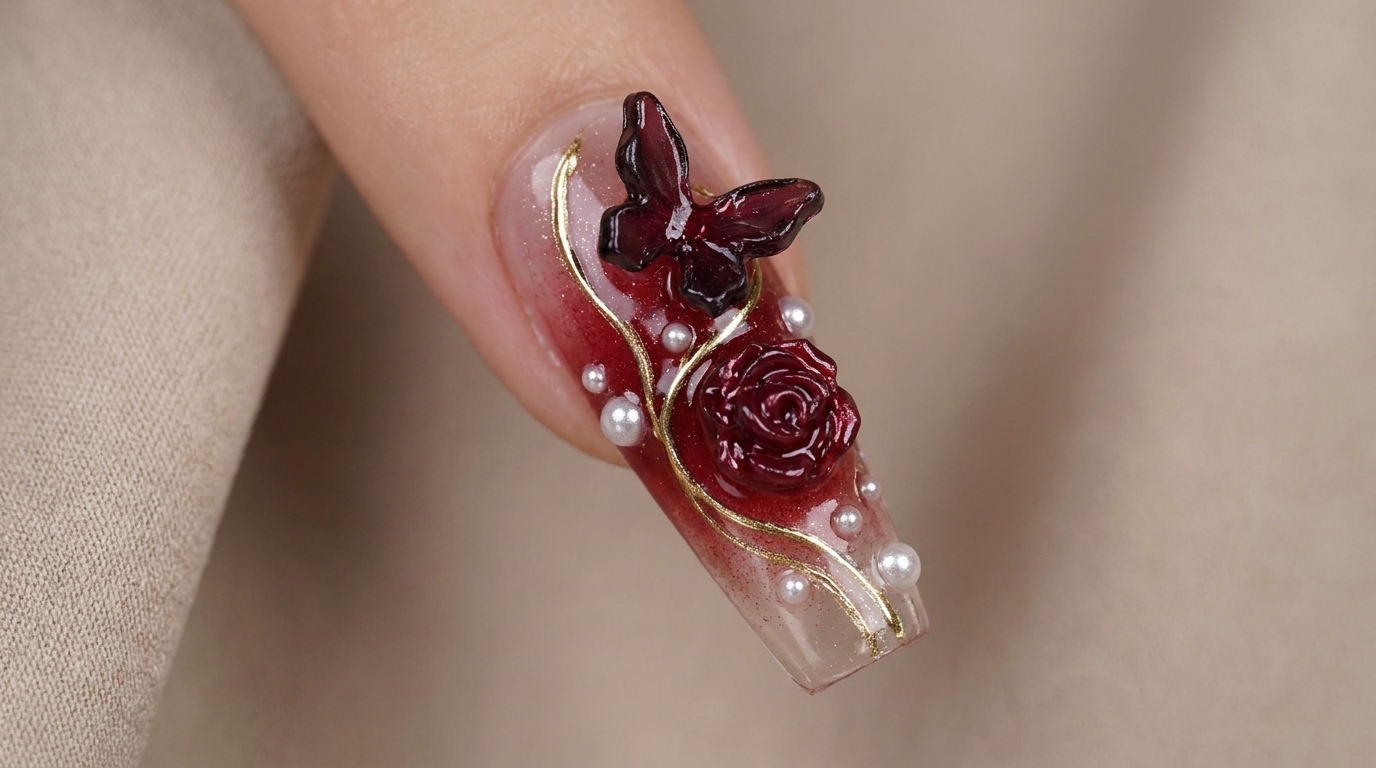 Tutoriel Ongles : Dégradé Rouge Vin, Roses et Papillons pour le Nouvel An