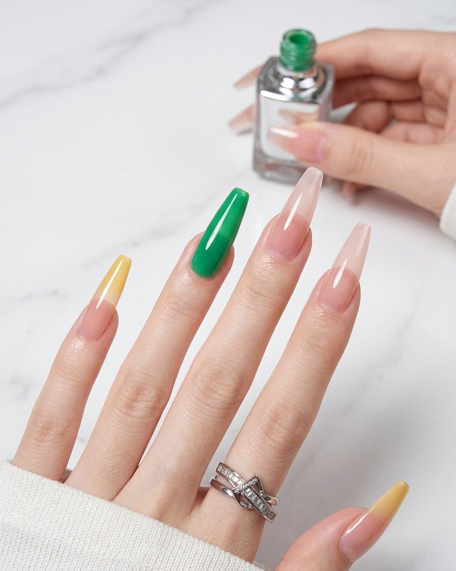 Vue rapprochée montrant un pinceau à ongles appliquant du gel jelly vert sur le bout dun ongle naturel préparé.