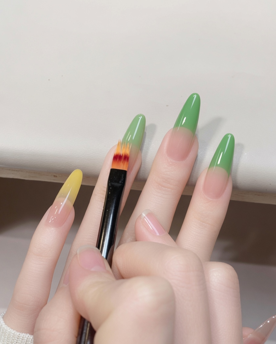 Vue rapprochée dun pinceau appliquant du gel jelly jaune sur le bout dun ongle.