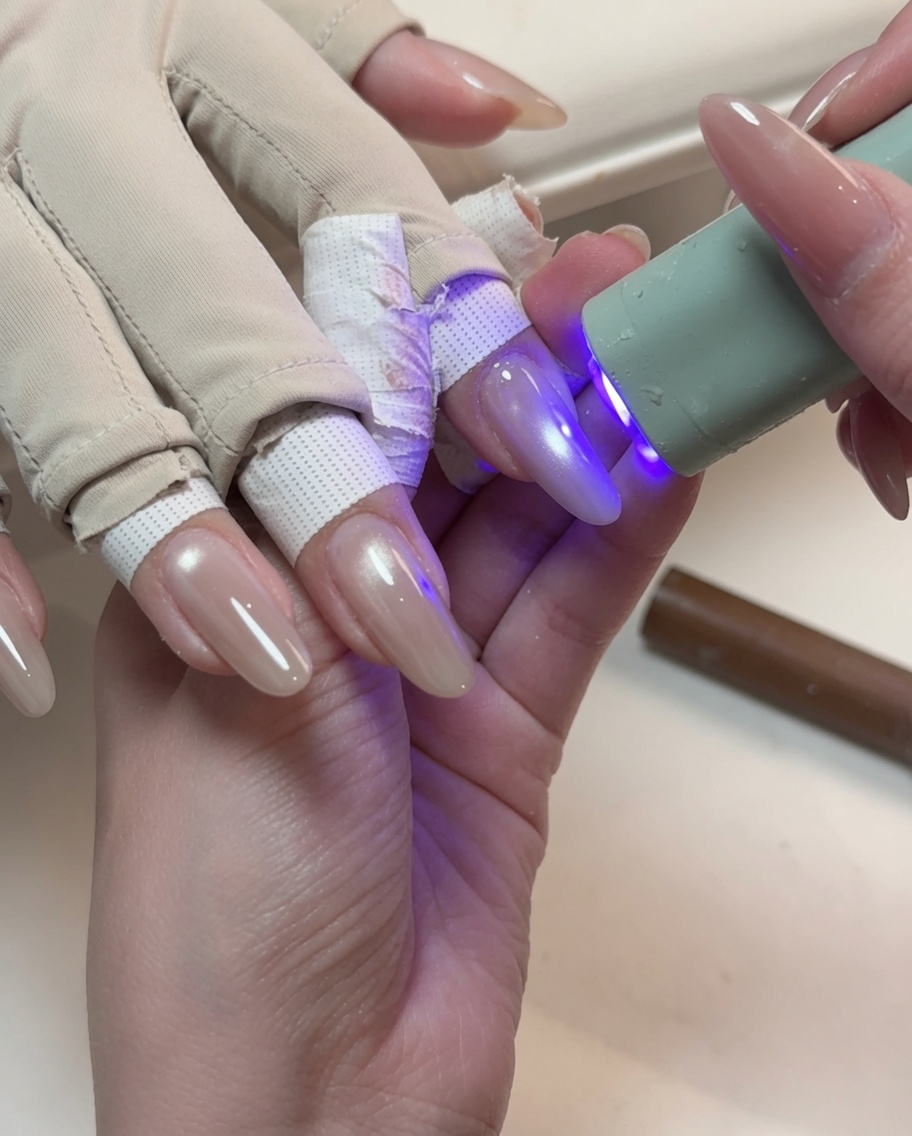 Une petite lampe UV portable catalysant le gel cat-eye brillant sur un ongle.