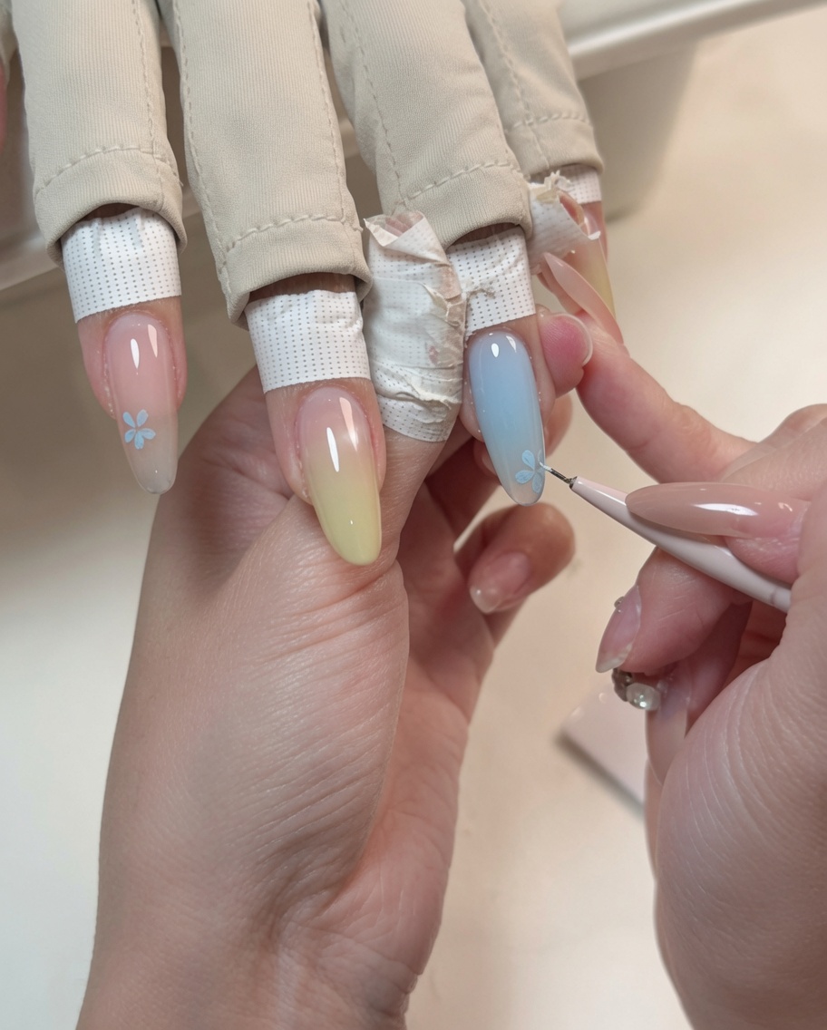Gros plan dun pinceau liner peignant une petite fleur bleue sur une base nude.