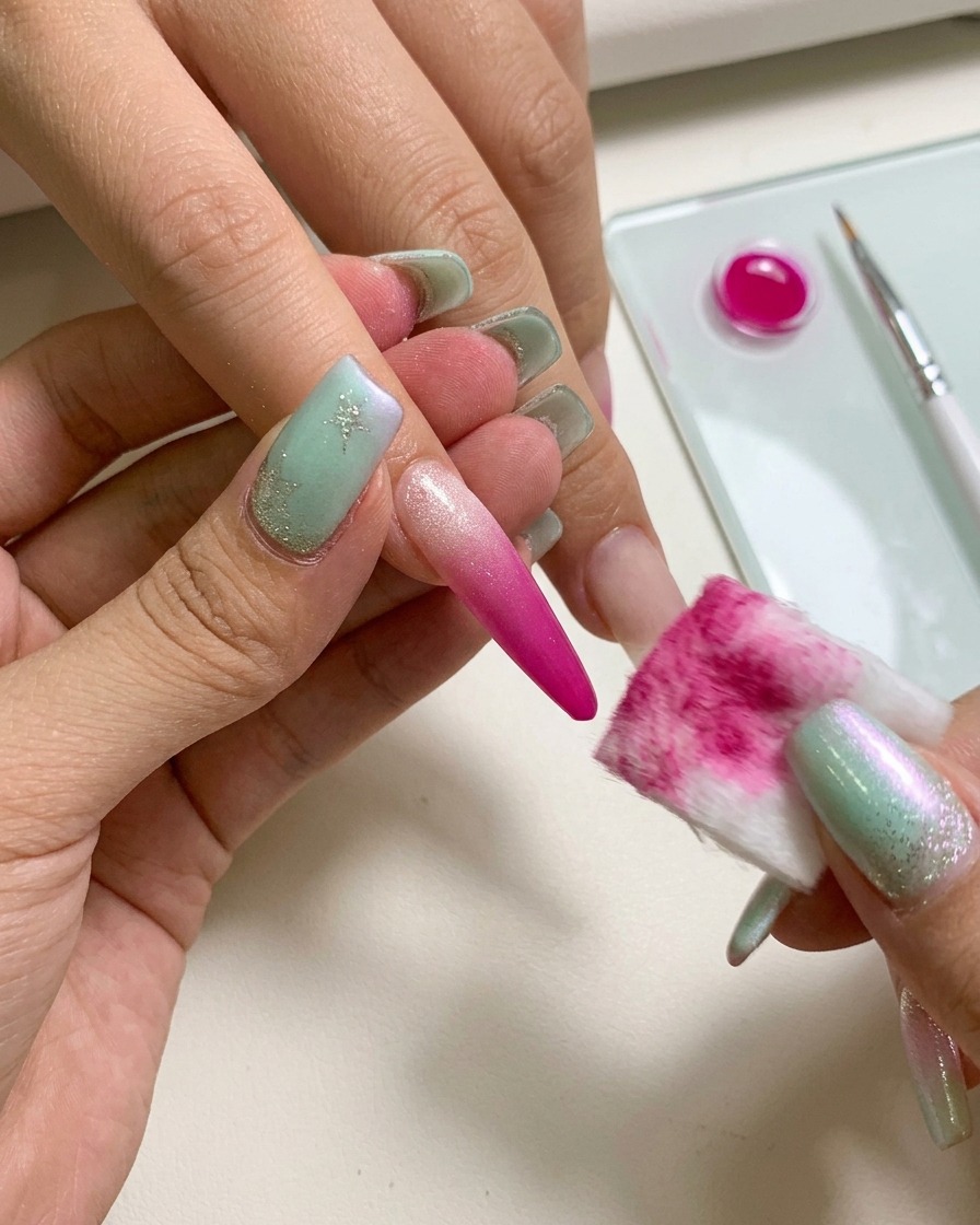Gros plan dune main utilisant une pince pour tenir une éponge et appliquer du gel rose sur un ongle.