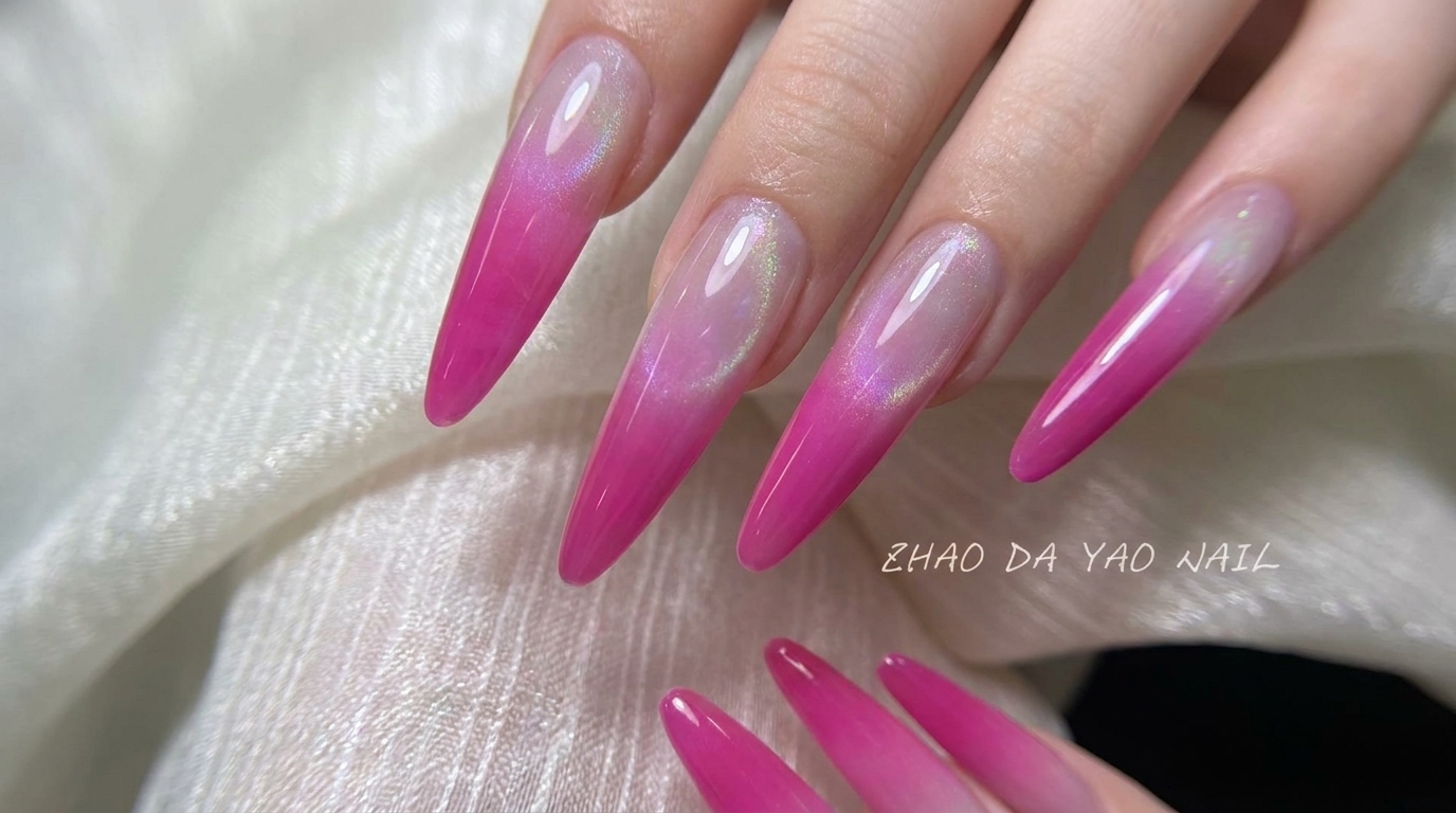 Ongles en dégradé rose fruit du dragon avec effet boule de verre aurora — Tutoriel étape par étape