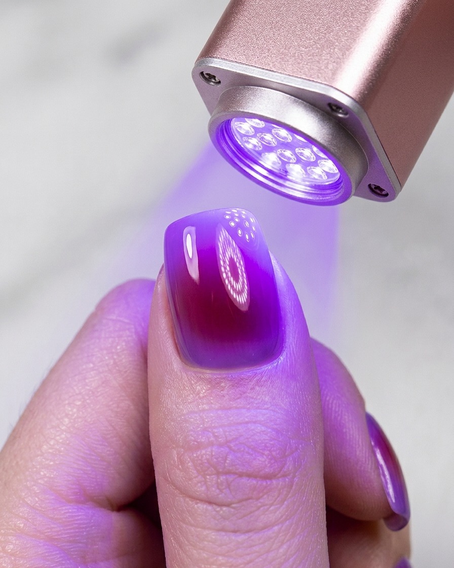 Une mini lampe UV portable catalysant lapplication dun vernis gel brillant sous une lumière violette.