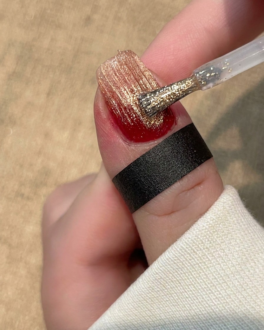 Un petit pinceau rigide traçant des lignes droites texturées à travers une couche de gel brillant sur un ongle.