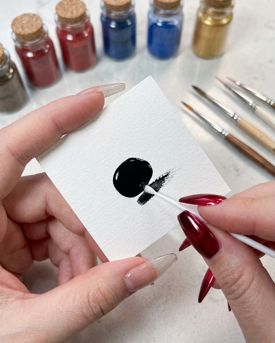 Gros plan sur le bord dune éponge doucement chargé de gel de couleur noir depuis une palette.
