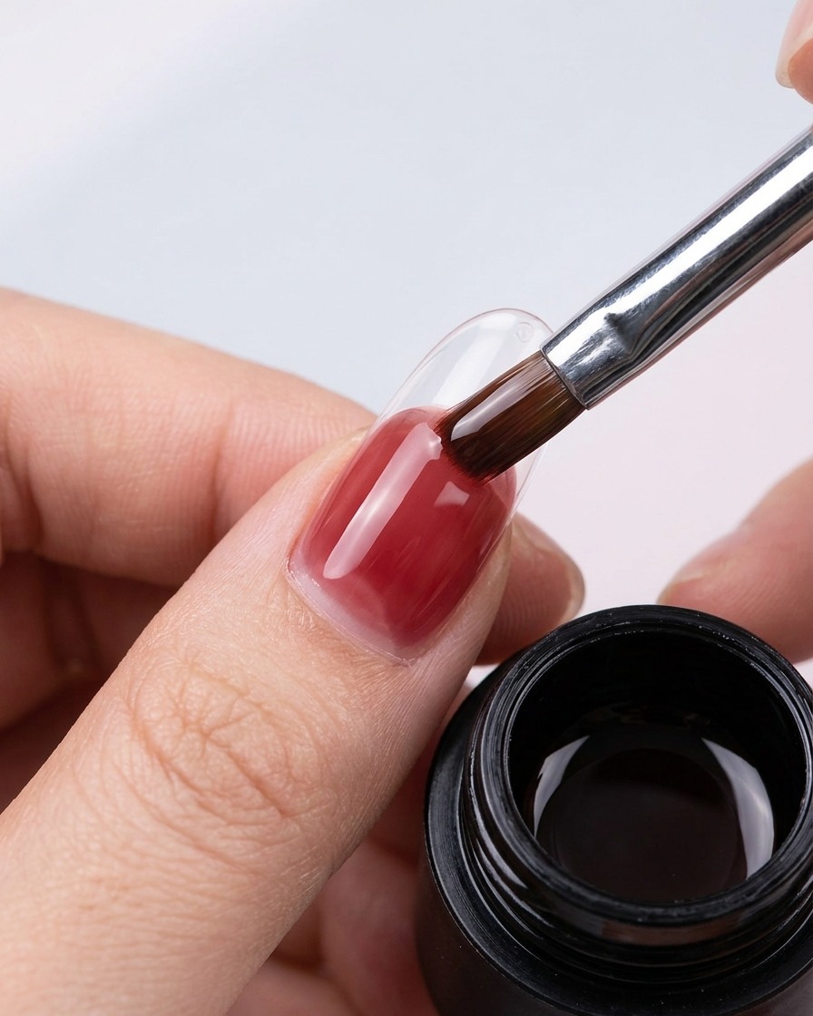 Gros plan dun pinceau appliquant un gel rose-pâle translucide sur la surface dun ongle naturel et transparent.