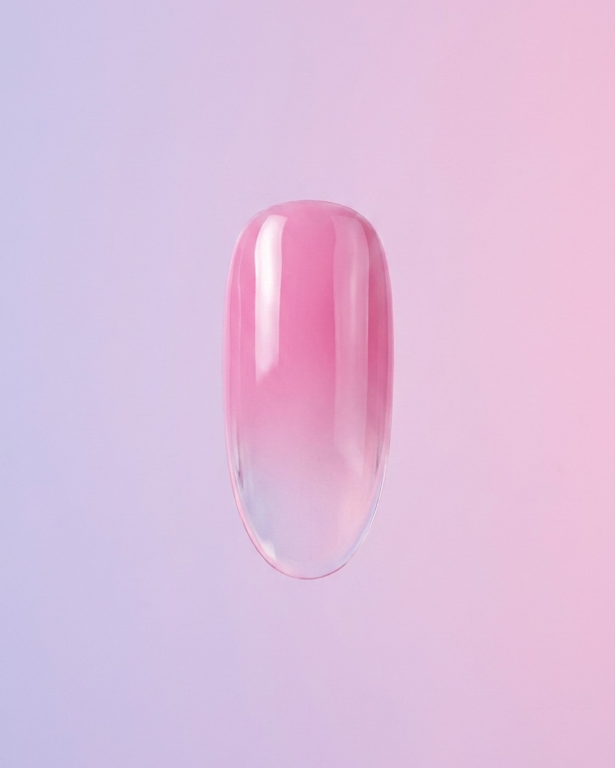 Un ongle unique présentant un doux dégradé rose sur fond clair.