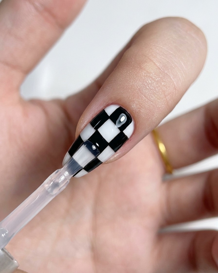 Un pinceau étalant une couche brillante de top coat transparent uniformément sur un design de damier.