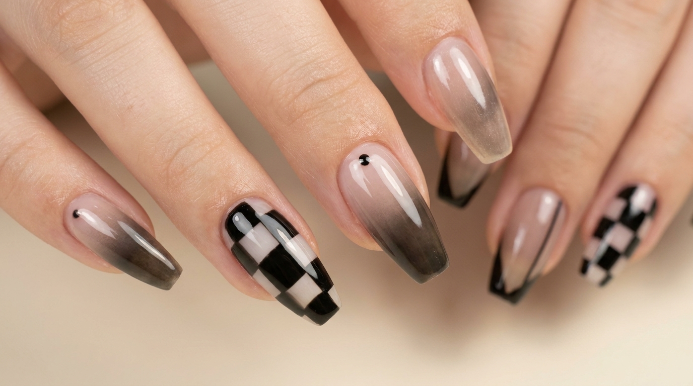 Ongles damier et dégradé nude — Tutoriel pas à pas