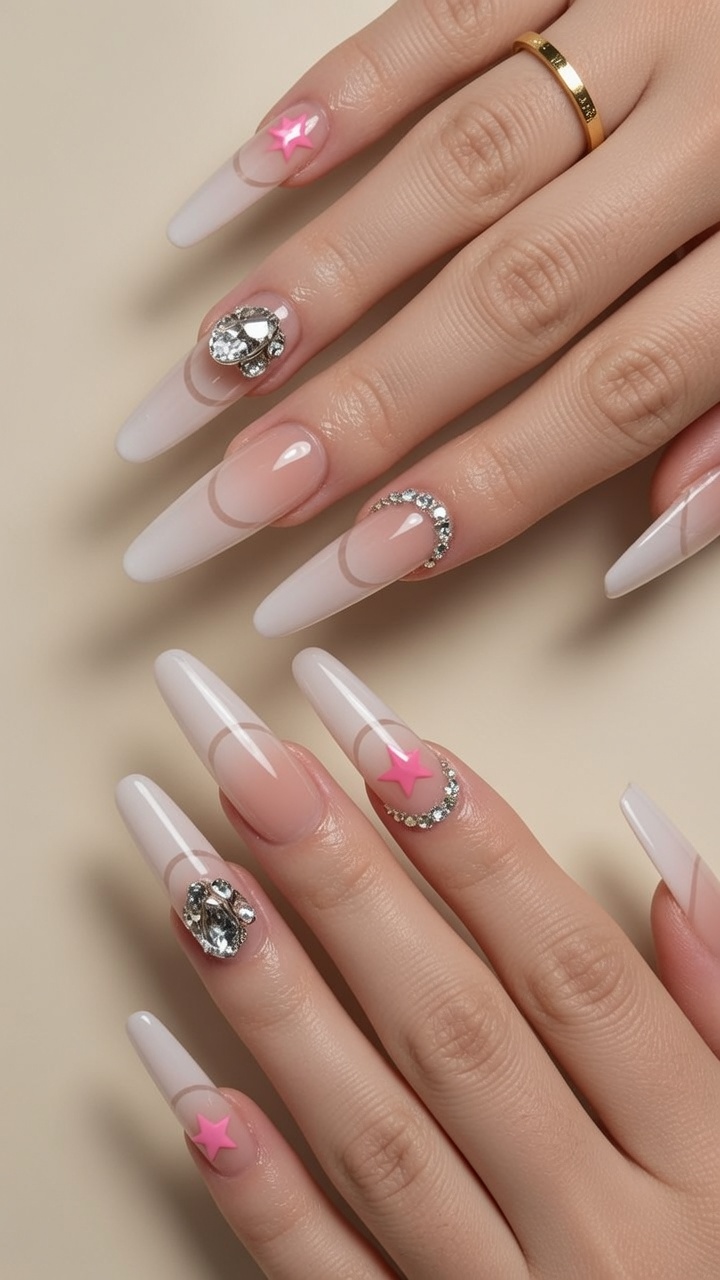 Manucure Française Dégradé avec Art d'Étoiles et Strass — Tutoriel Étape par Étape