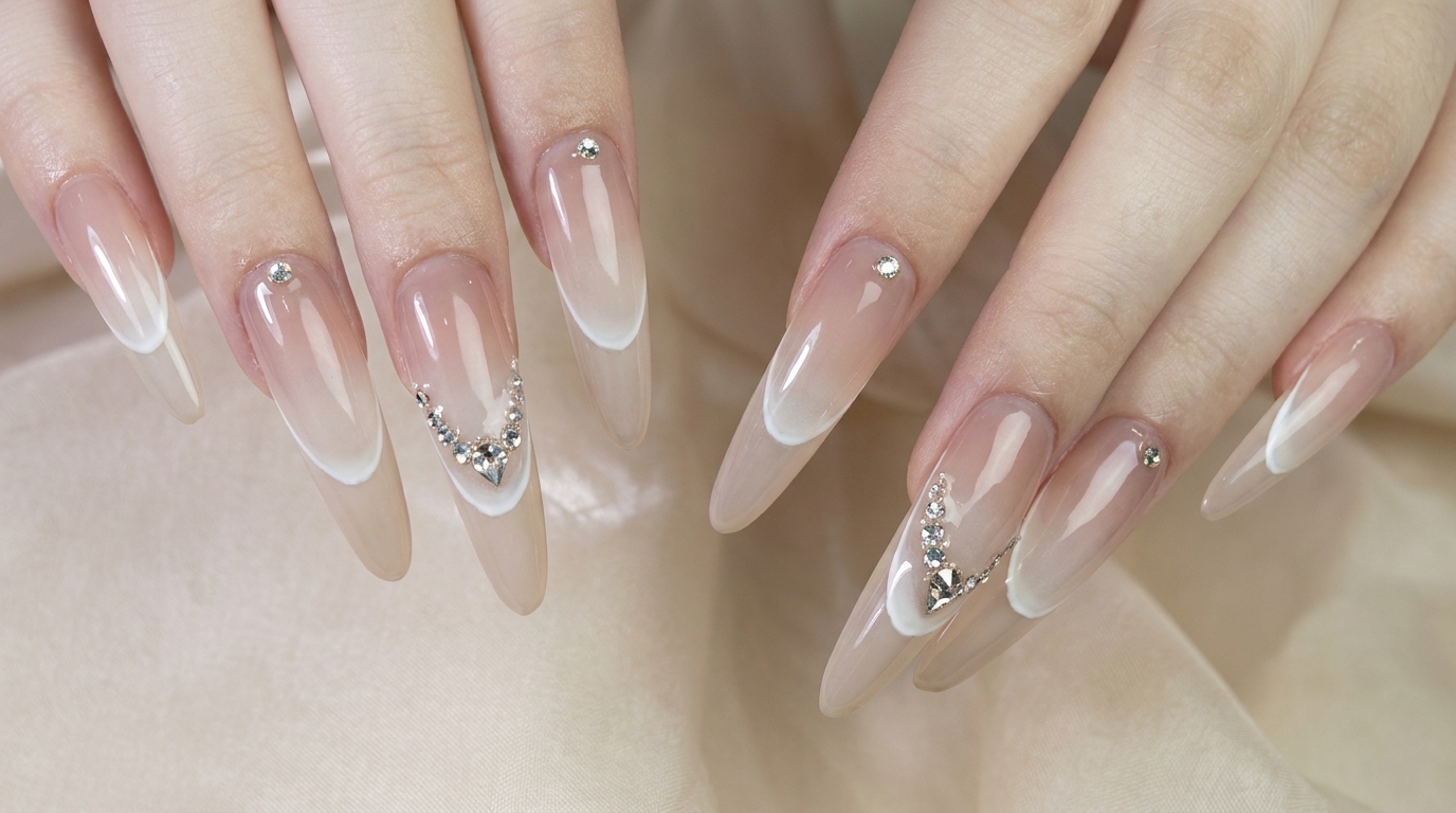 Ongles Longs Amande Dégradé French et Strass — Tutoriel Étape par Étape