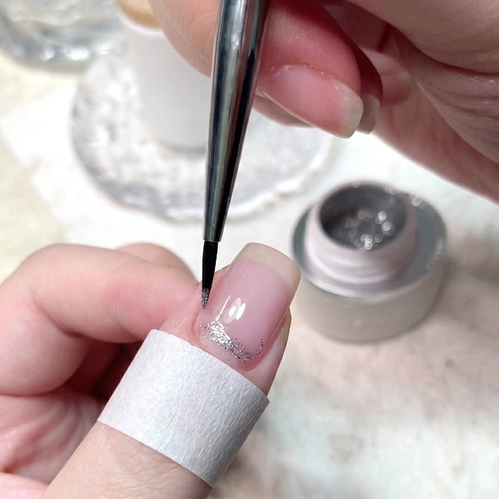 Un pinceau liner fin appliquant du gel pailleté diamant écrasé sur la base dun ongle.
