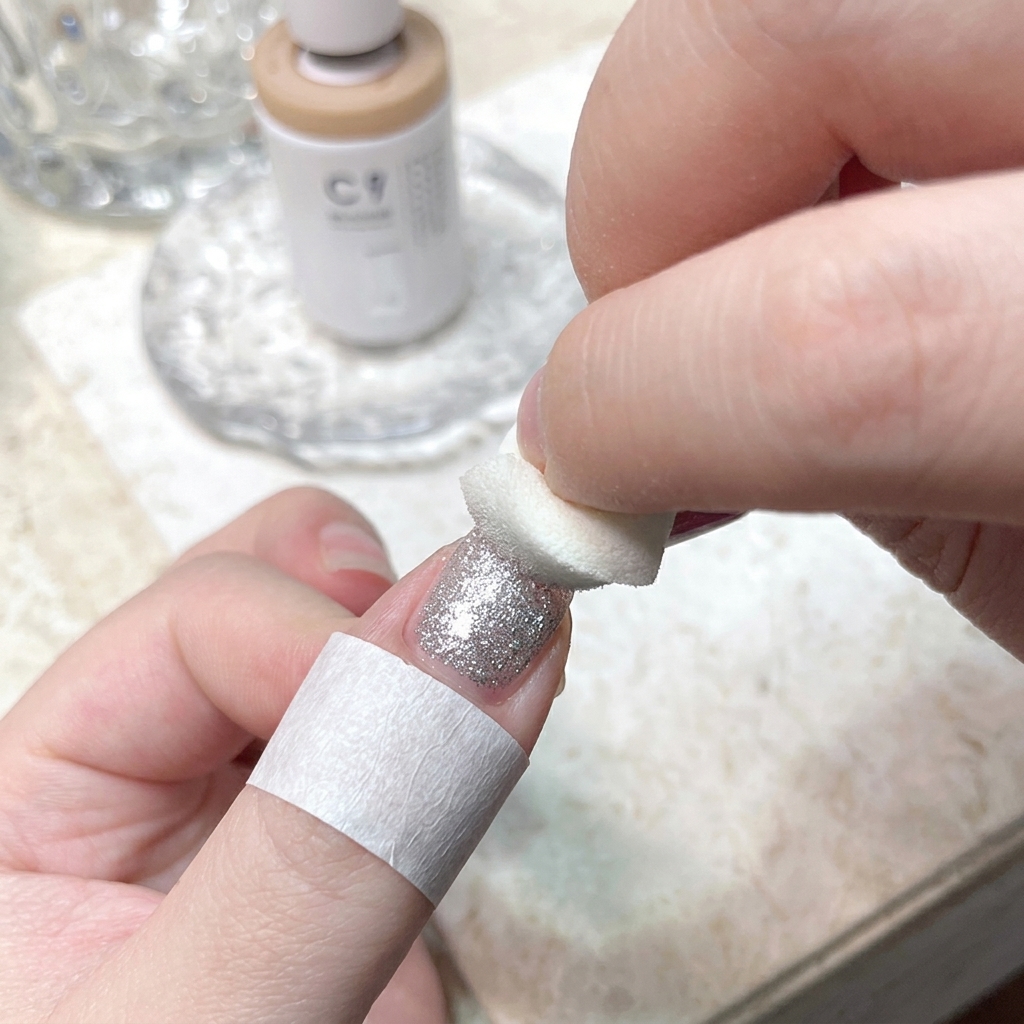 Un applicateur en mousse blanche frottant de la poudre chrome miroir argentée sur le bout dun ongle.