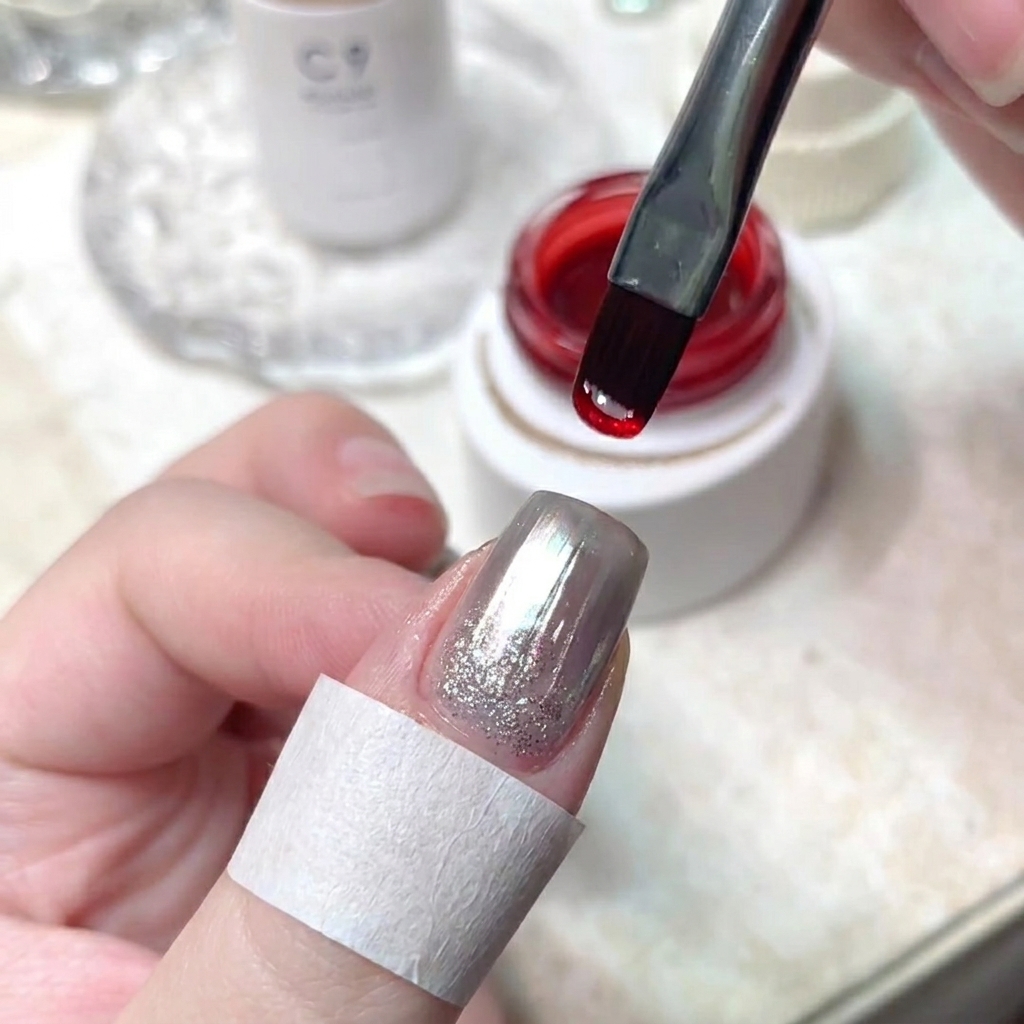 Un pinceau à gel plat appliquant du gel de base transparent sur la surface dun ongle chromé.