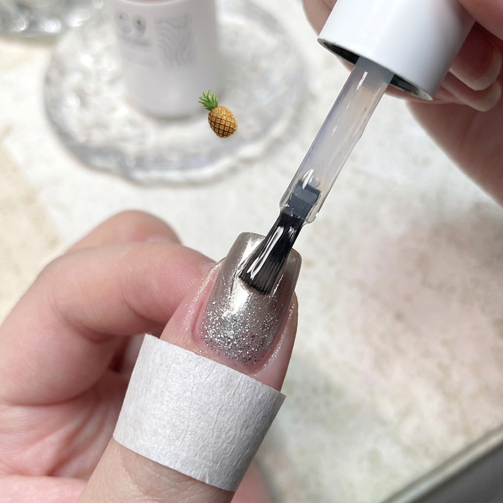 Un pinceau à ongles appliquant en douceur un top coat transparent brillant sur un ongle décoratif terminé.