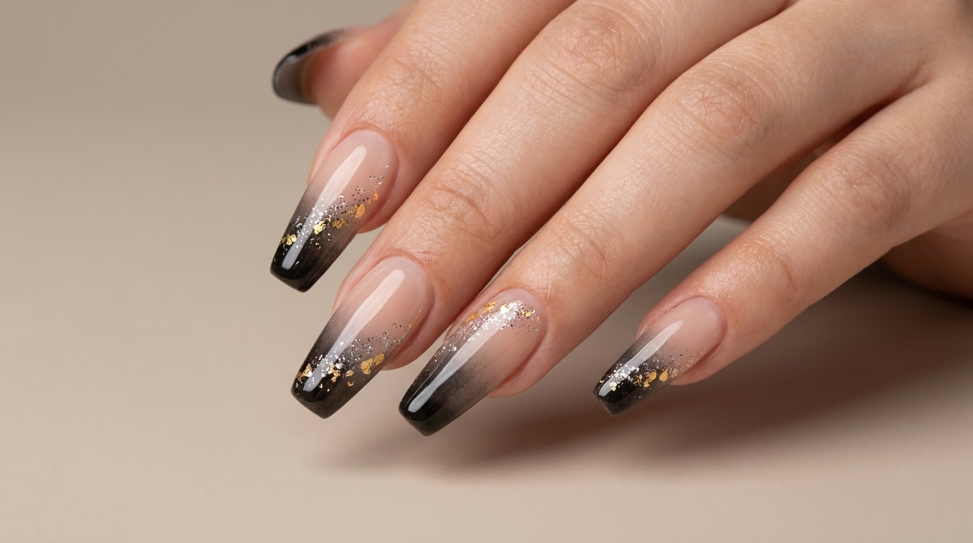Gros plan sur des ongles dégradés français éthérés finis, présentant une base nude transparente, des paillettes argentées, des accents en feuille dor et des pointes dégradées françaises noires avec une finition ultra brillante.