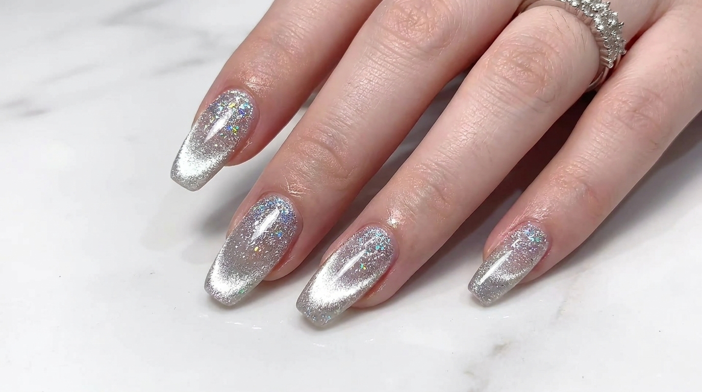 Ongles Effet Cat-Eye Argenté et Dégradé de Sequins : Tutoriel Étape par Étape