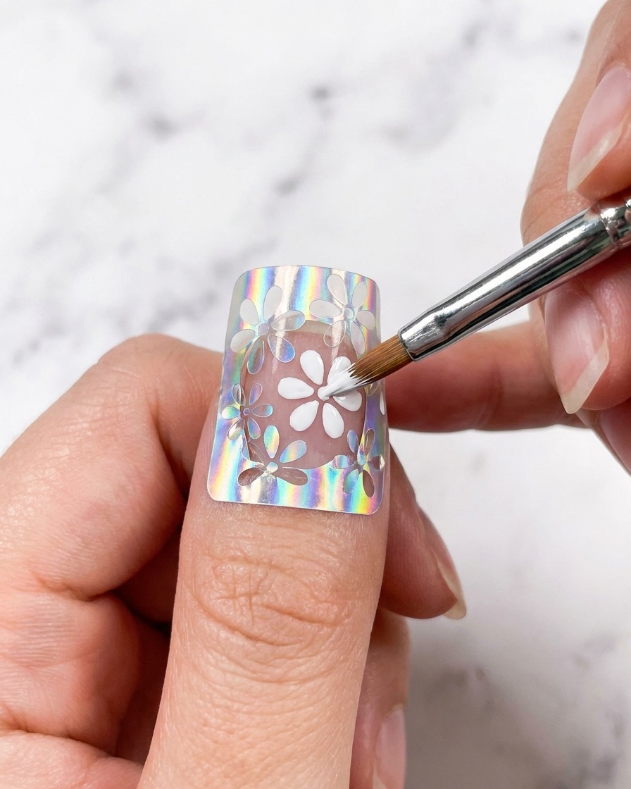 Une main positionnée sous une lampe UV catalysant le gel blanc fraîchement peint.