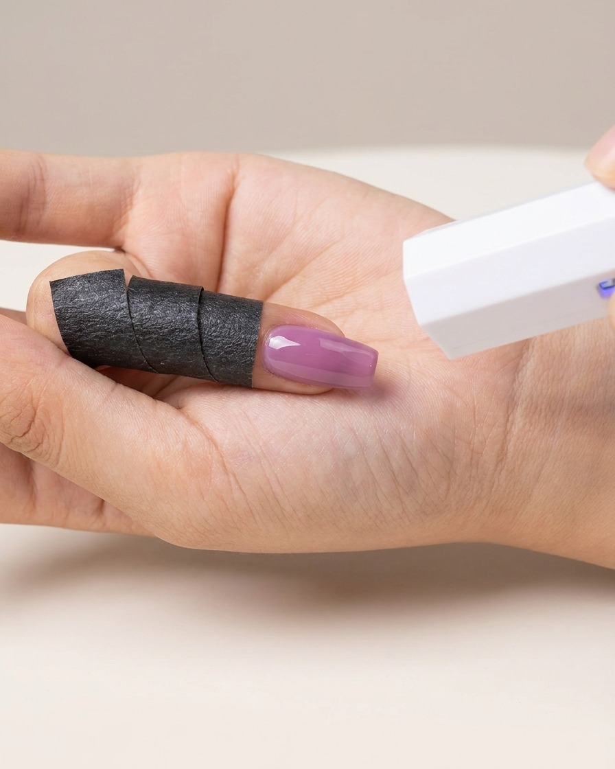 Une main tenant une mini lampe UV/LED blanche au-dessus dun ongle verni au gel violet.