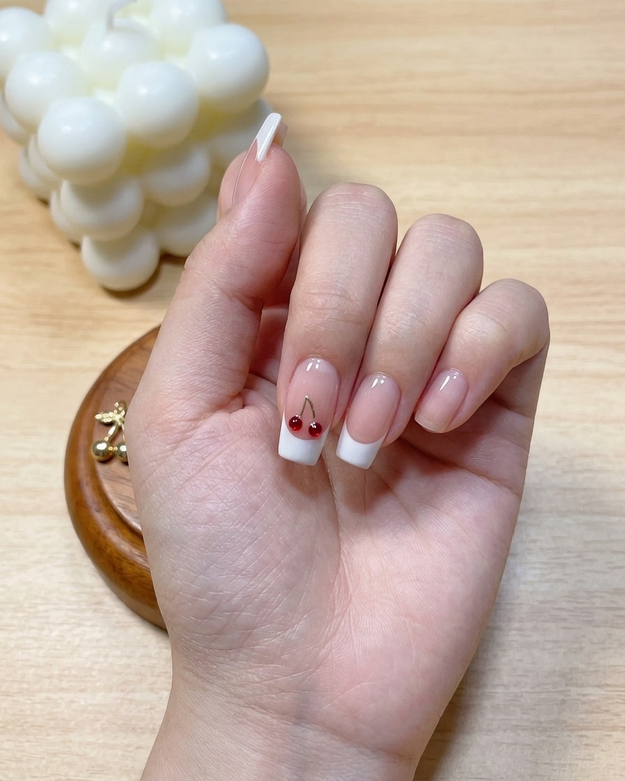 Une main dans une lampe à ongles UV/LED catalysant la French blanche entièrement peinte.