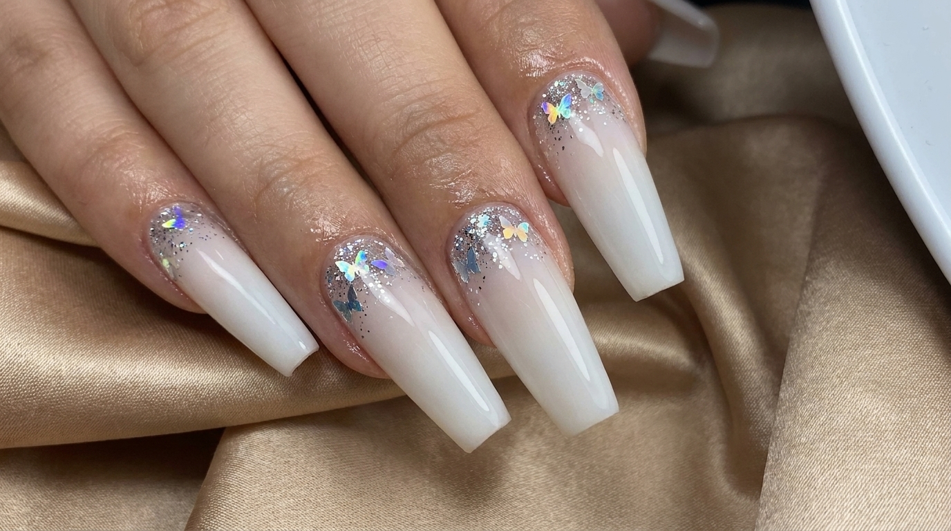 Ongles Dégradé Blanc Laiteux Féériques et Papillons — Tutoriel Étape par Étape