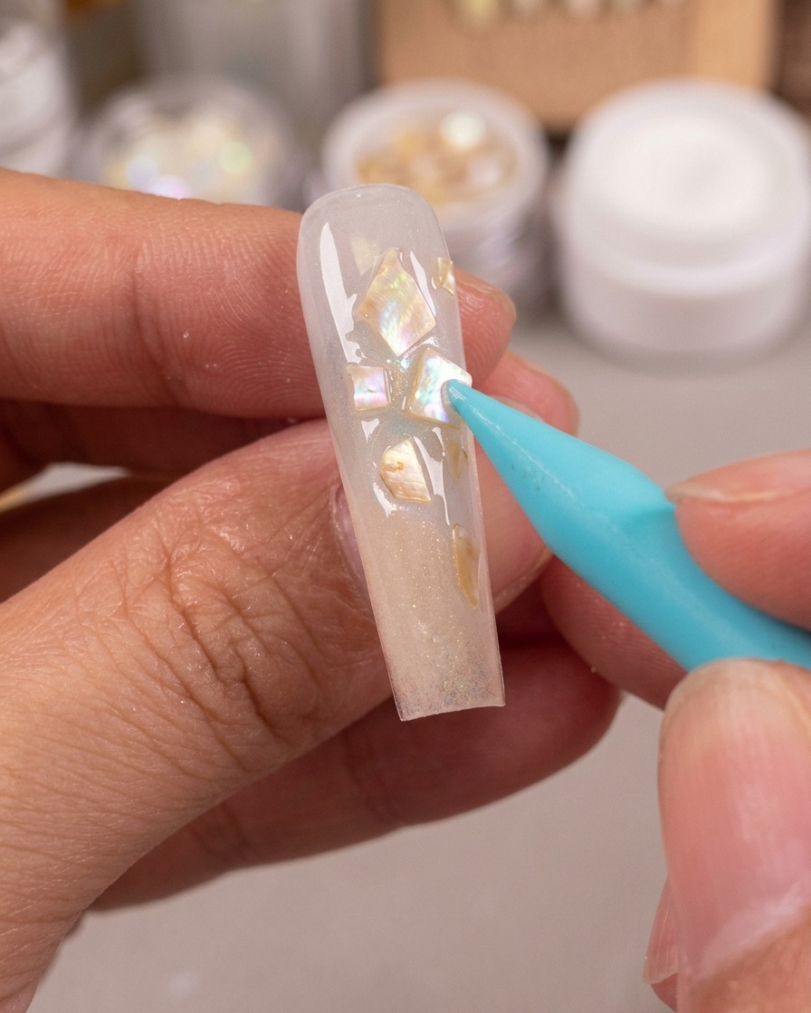 Un outil de modelage en silicone bleu comblant les espaces entre les éclats de coquillages avec une pâte de poudre scintillante.