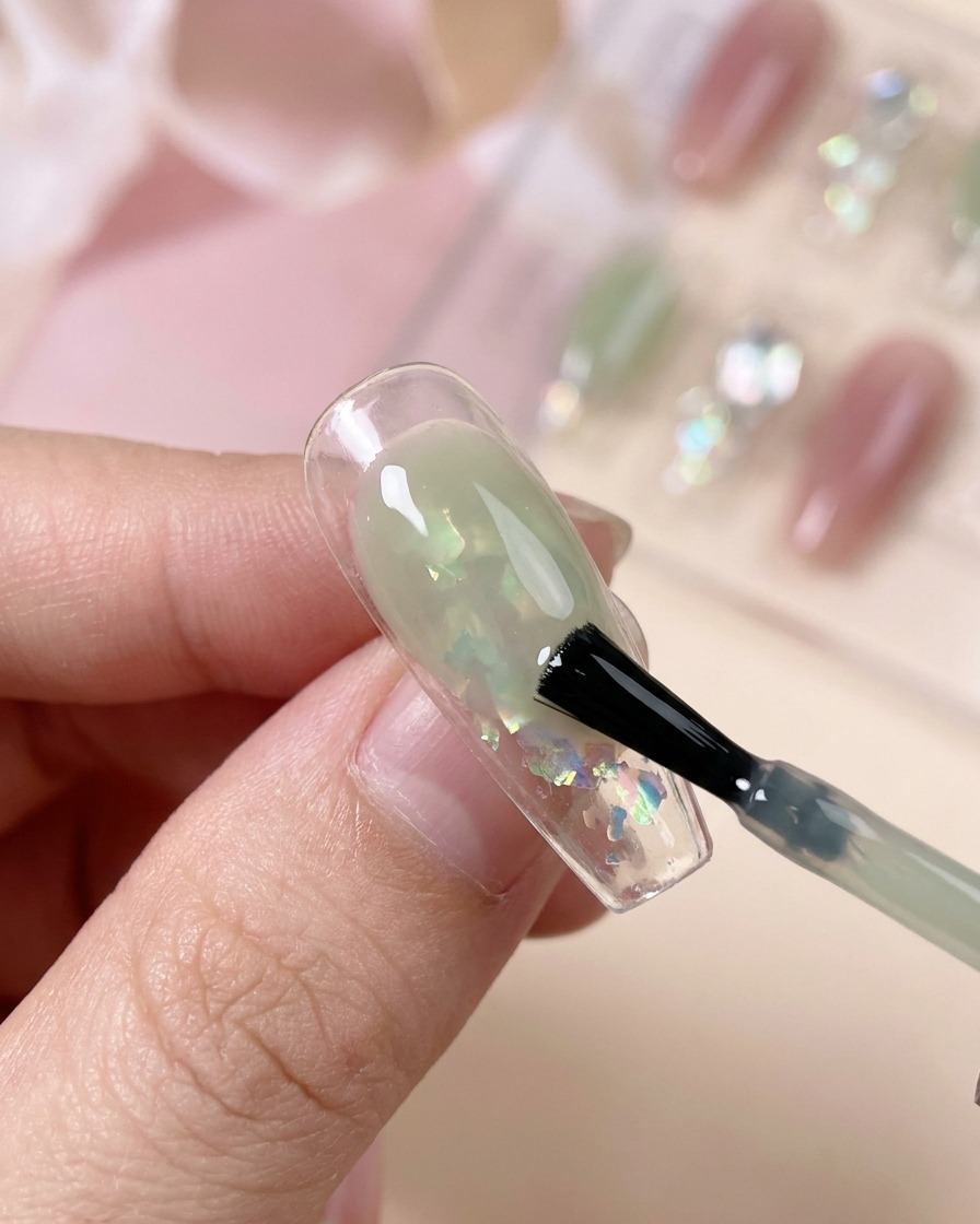 Un pinceau appliquant un gel vert sauge translucide sur la surface décorée de longle.
