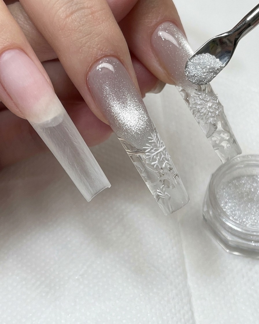 Un petit outil saupoudrant de la poudre de diamant scintillante sur un nail art au gel humide.