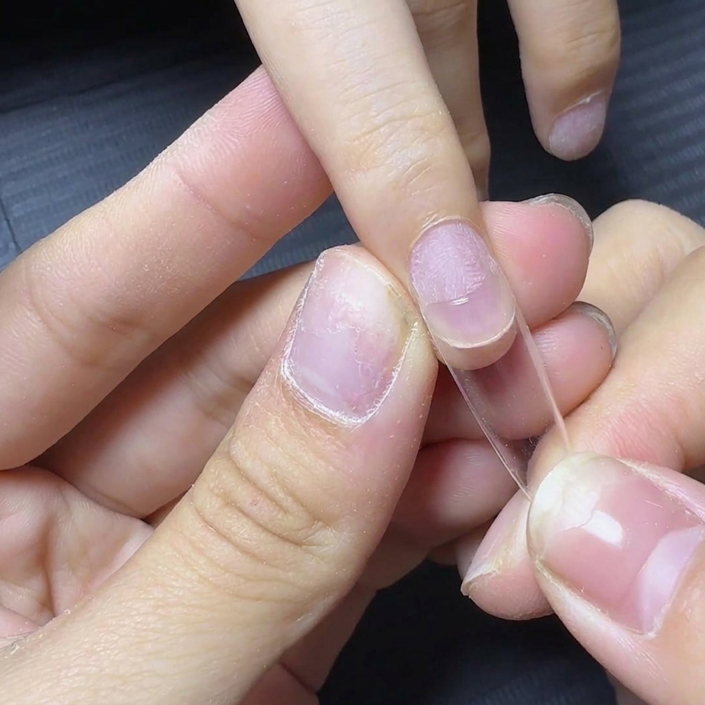 Une main tenant une capsule transparente avec courbe en C et lalignant sur un ongle naturel préparé avec du gel adhésif.