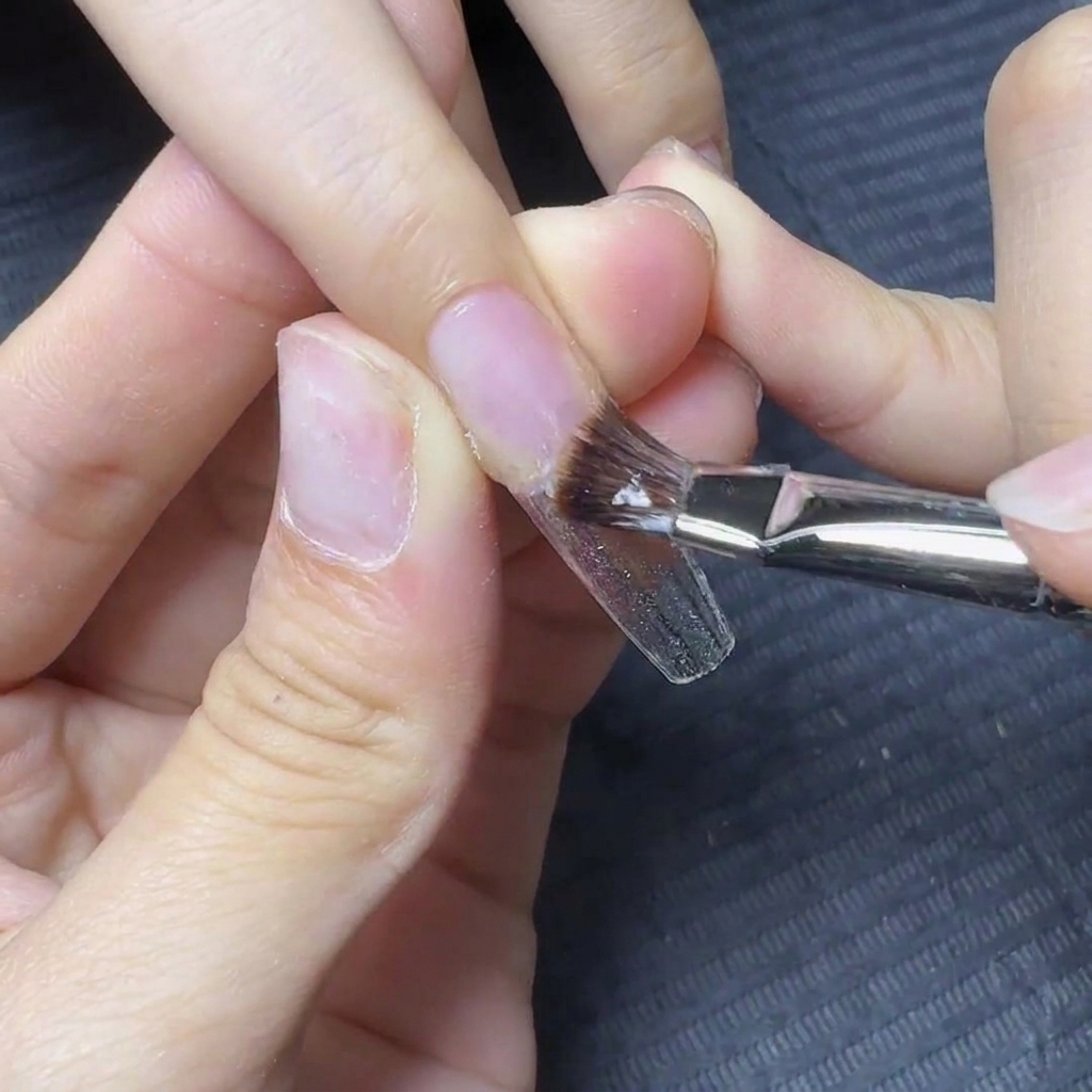 Un pinceau à ongles appliquant une couche de base transparente de gel sur la zone de longle naturel.