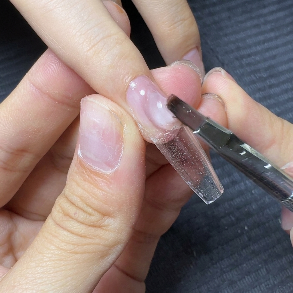 Un pinceau à gel déposant une grosse boule de gel de construction transparent près de la zone cuticulaire de longle.