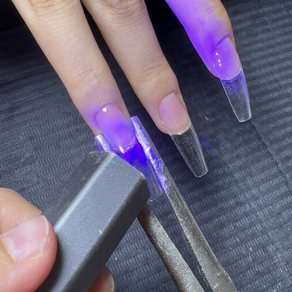 Une pince serrant les côtés dune extension en gel transparente pendant quune lampe UV portative catalyse le gel.