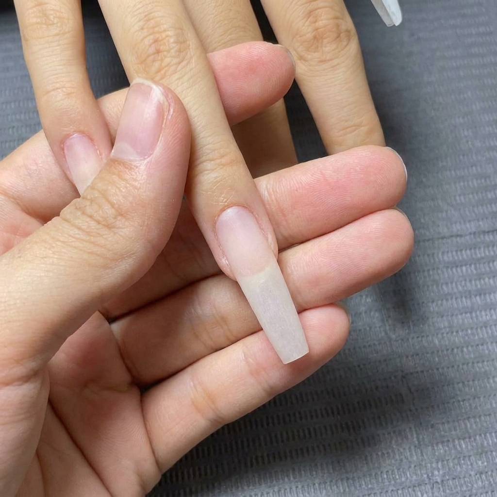 Gros plan sur une longue extension dongle en acrylique ou en gel matifiée, montrant une texture uniforme et lisse.