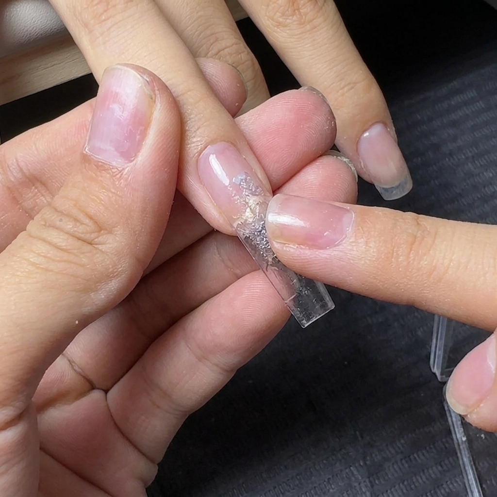 Un bout de doigt pressant une pâte de paillettes réfléchissantes argentées sur la base dune extension dongle transparente.