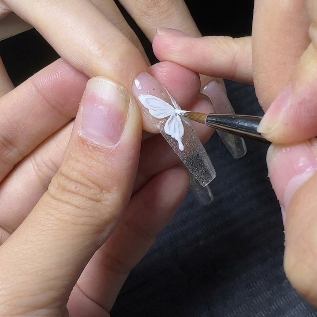 Un pinceau liner fin peignant un délicat contour blanc dune aile de papillon sur un ongle pailleté.