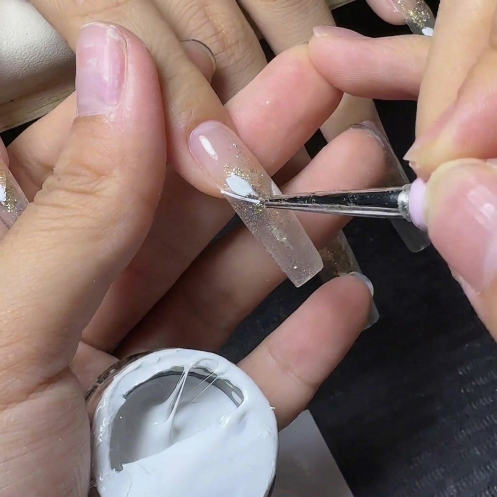 Un outil appliquant du spider gel blanc filamenteux horizontalement le long de la ligne de sourire dune extension dongle transparente à paillettes.