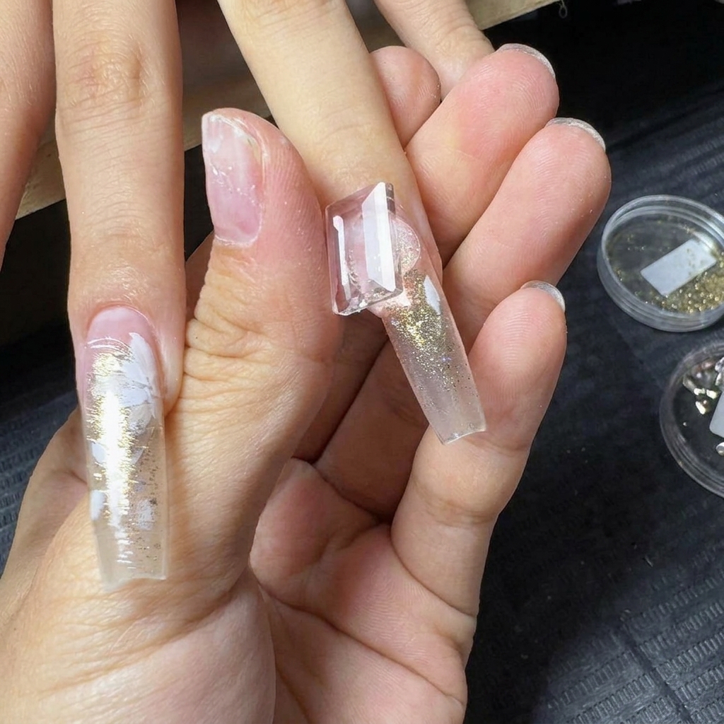 Des pincettes plaçant une grande pierre précieuse rectangulaire transparente près de la zone cuticulaire dun ongle.