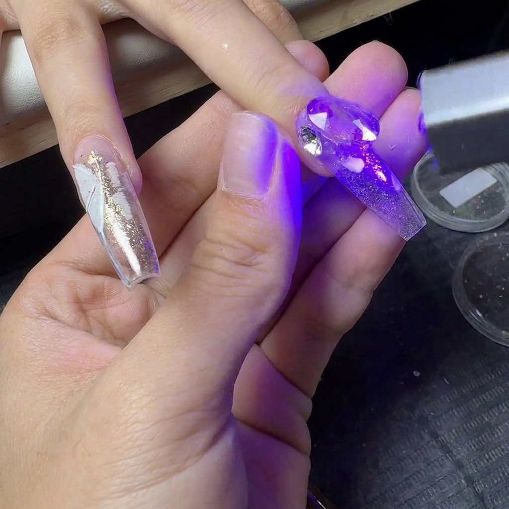 Une mini lampe torche UV catalysant des strass sur une extension dongle décorative.