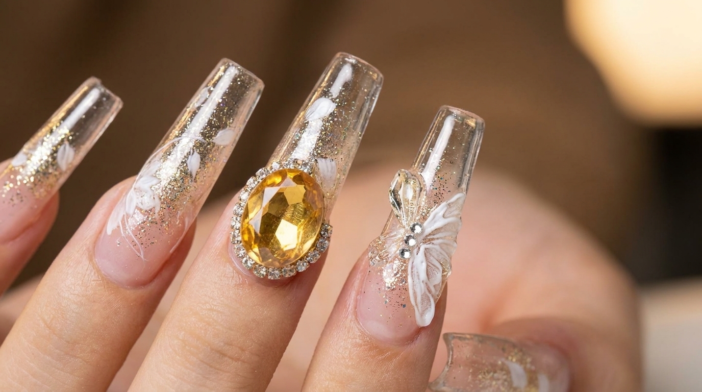 Extensions Transparentes d'Automne avec Papillon 3D et Strass — Tutoriel Étape par Étape
