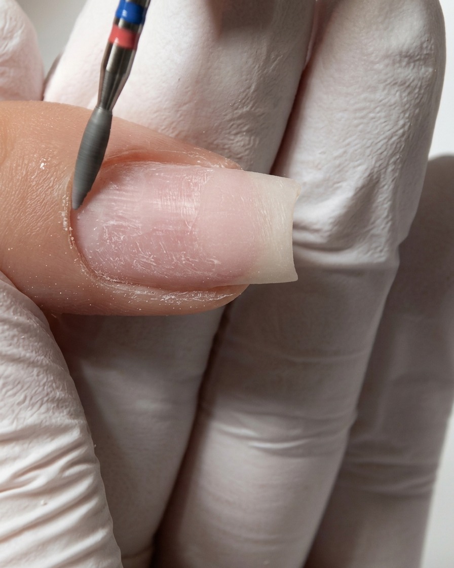 Un embout de ponceuse fin nettoyant les replis latéraux de longle le long du bord dun ongle naturel préparé.