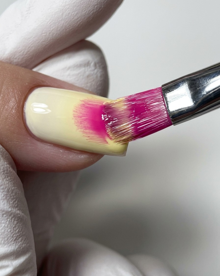 Un pinceau à ongle aux poils teintés de rose appliquant un vernis gel jaune pastel sur une base en gel transparent.