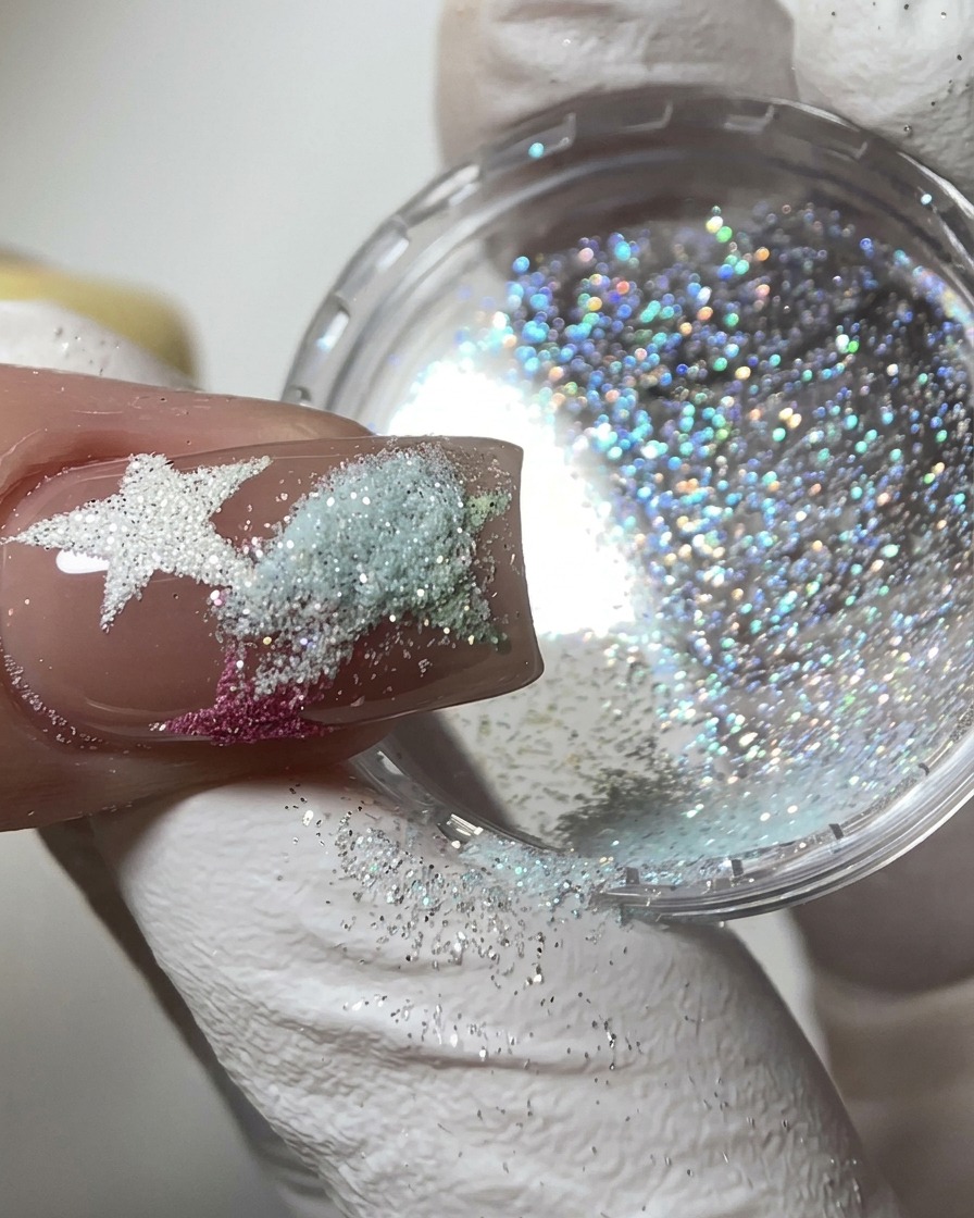 Un ongle tenu au-dessus dun pot de poudre irisée, montrant des paillettes argent-vert saupoudrées sur létoile humide.