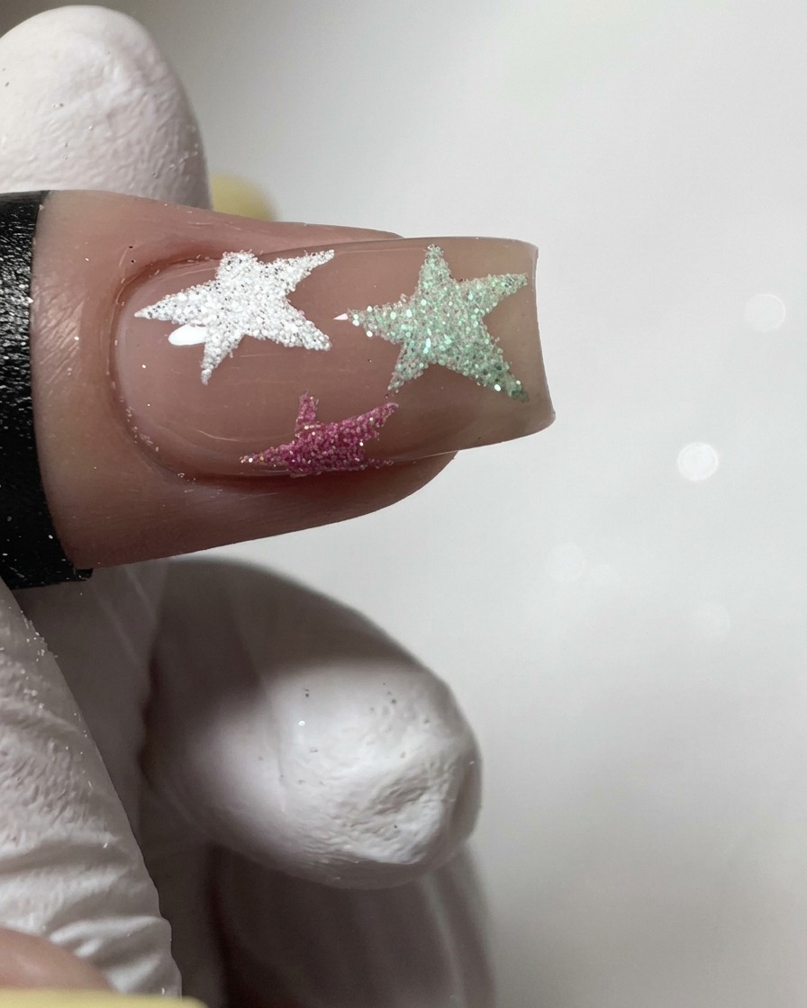 Un pinceau appliquant un top coat transparent sur un ongle en gel jaune pastel.