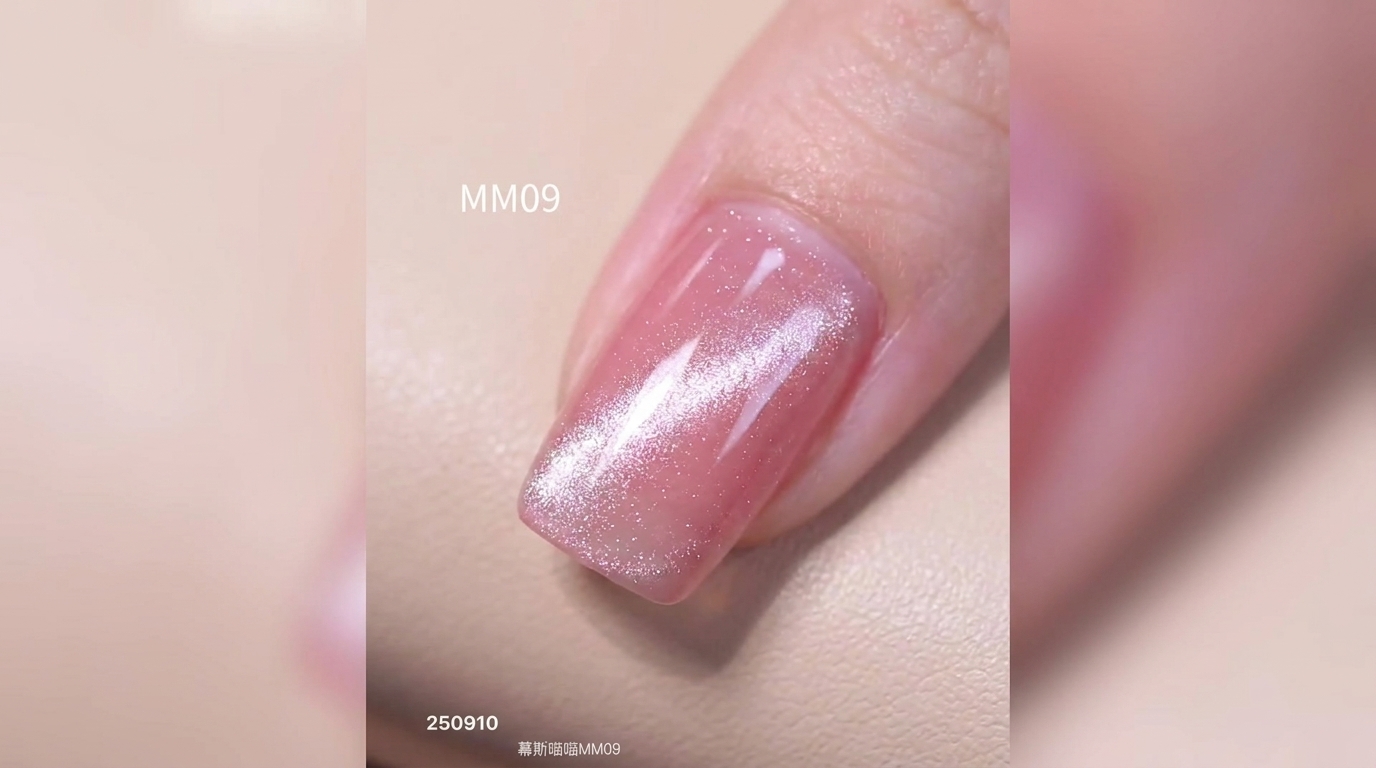 Gros plan sur un onglet carré fini présentant un gel magnétique œil-de-chat rose fleur de cerisier brillant avec une bande de nacre argentée et rose éclatante au centre.