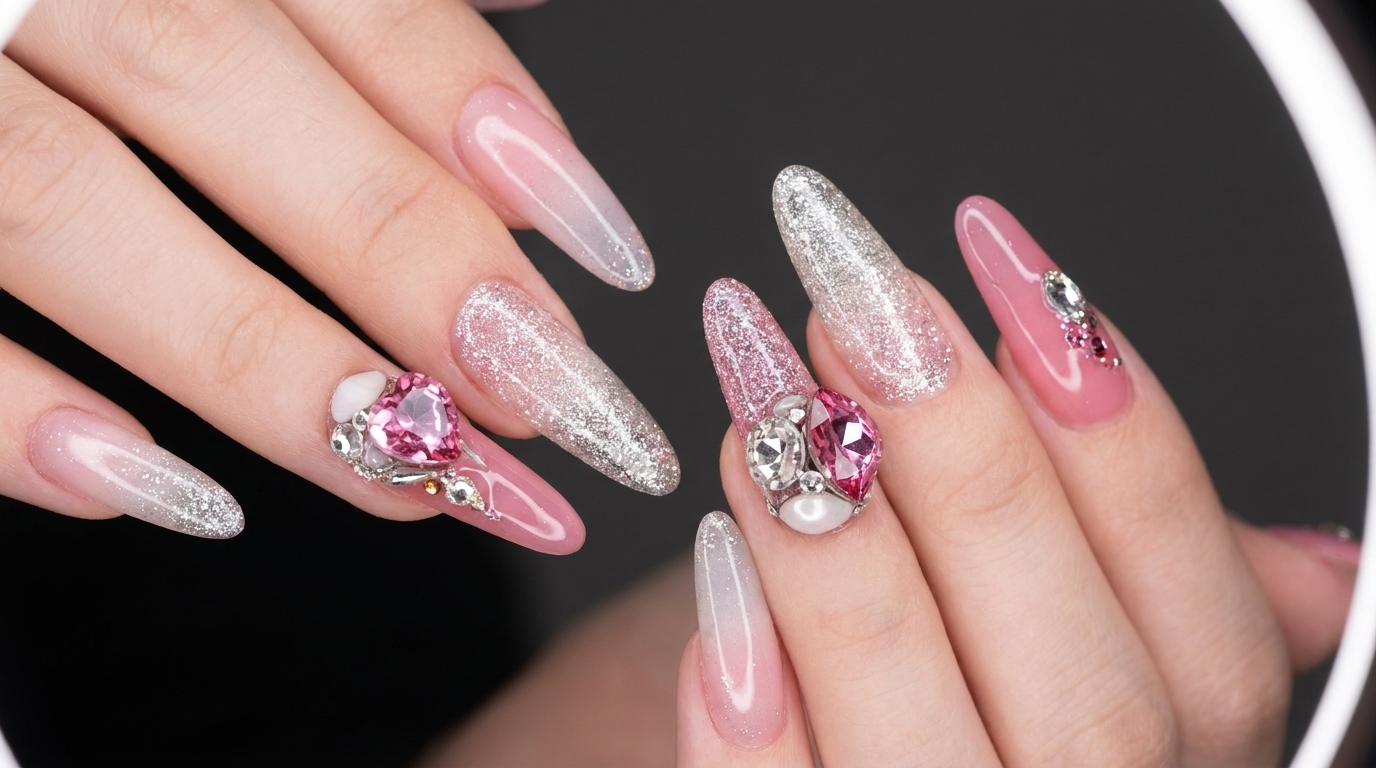Ongles Longs en Amande avec Strass Roses et Paillettes Argentées — Tutoriel Étape par Étape