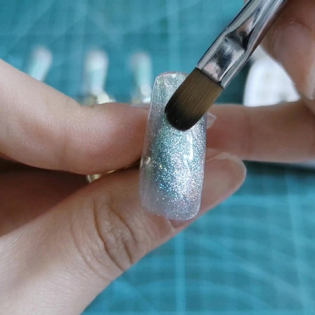 Un pinceau superposant des pigments bleus et violets supplémentaires sur une capsule.