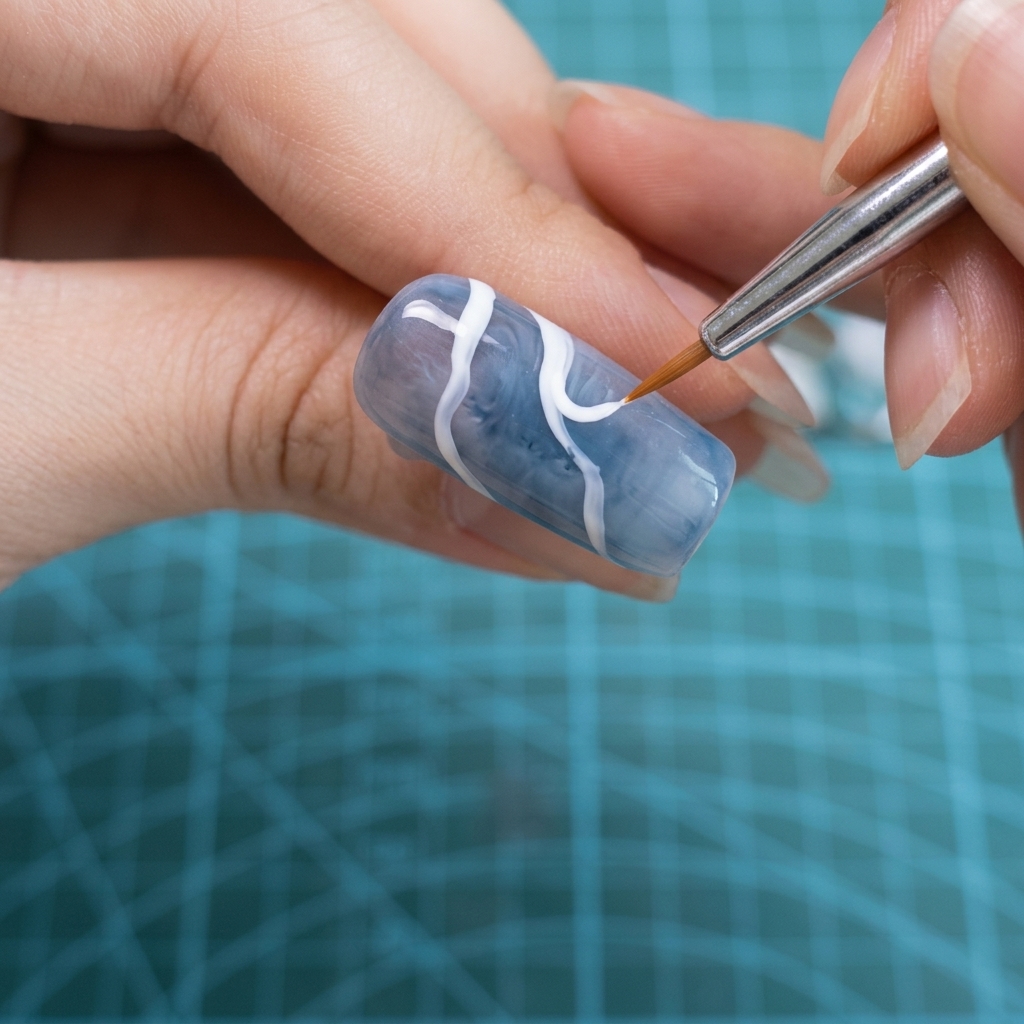 Un pinceau plat adoucissant le bord des lignes blanches peintes sur un ongle pour créer un dégradé fumé.