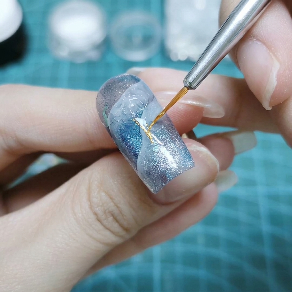 Une main utilisant un pinceau fin pour appliquer du gel transparent au centre dun ongle peint en bleu et blanc.